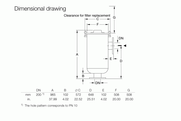 Technical dimensional drawing for Leybold North America's Dust Filter F-5001-C Polyester Filter Cartridge. Diagram includes labeled dimensions A-G in millimeters and inches, with a note that the hole pattern matches PN 10 for HVAC compatibility and optimal air filtration.