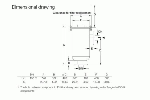 The Leybold North America Dust Filter F-2001-C Plus Polyester Filter Cartridge includes a technical dimensional drawing, offering labeled measurements (A, B, ØC, D, E, F, G) in mm and inches. It features a cylindrical component with clearance for easy filter replacement to enhance air quality.