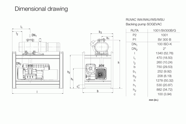 A technical dimensional drawing of the backing pump RUTA WAU 1001 / SV 300 B / G by Leybold North America. The diagram includes front and side views with labeled parts and dimensions detailed in millimeters (mm) for various components like height, width, length, and distance between features.