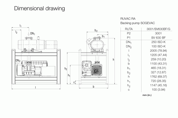 Engineering dimensional drawing of a Leybold North America RUTA RA 3001 / SV 630 BF / G setup. Includes multiple measurements and labels in millimeters, showing various dimensions and spacings of components. Featured parts include the RUVAC RA and SOGEVAC backing pumps, specifically the P2 model 3001 and P1 model SV 630 BF.