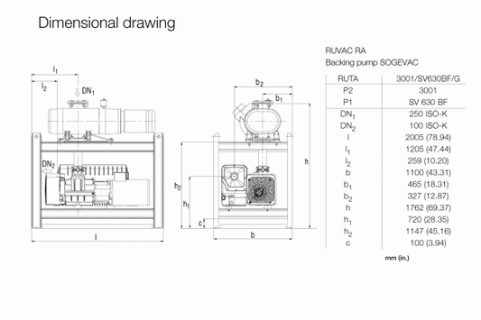 Engineering dimensional drawing of a Leybold North America RUTA RA 3001 / SV 630 BF / G setup. Includes multiple measurements and labels in millimeters, showing various dimensions and spacings of components. Featured parts include the RUVAC RA and SOGEVAC backing pumps, specifically the P2 model 3001 and P1 model SV 630 BF.