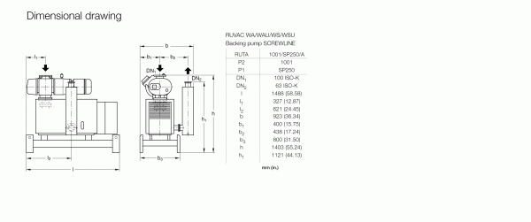 Dimensional drawing of the RUTA WAU 2001 / SP 630 F / A backing pump from Leybold North America. The diagram includes measurements in mm, with various dimensions labeled. A table on the right side lists technical specifications and values for components such as DN and h2.
