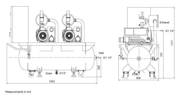 Technical drawing of the CVS160 - 2XSV100B FF dual-pump air compressor by Leybold North America with labeled dimensions. The front and side views show components such as the inlet, drain, and exhaust, along with measurements in millimeters. The tank is horizontal with two pumps mounted on top.