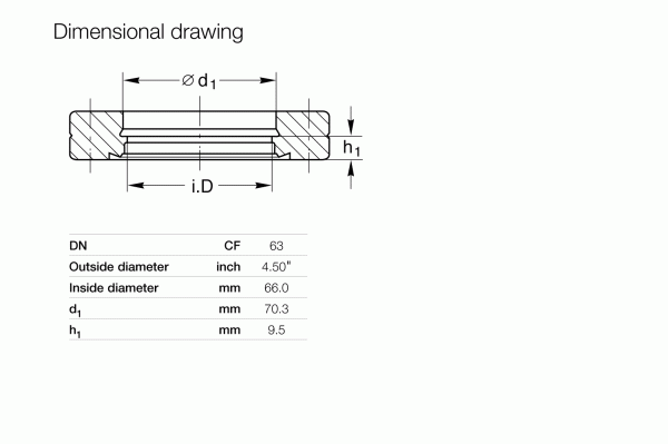 This technical drawing of a circular object features sectional views and precise measurements, ideal for industrial applications. The outside diameter is 4.50 inches, the inside diameter is 66.0 mm, with d1 = 70.3 mm and h1 = 9.5 mm, DN at 63, detailing Leybold North America's CF-Bore Flanges DN 63 CF (Fixed).
