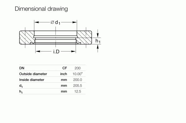 Technical drawing of a Leybold North America CF-Bore Flange DN 200 CF (Fixed) part, with cross-section view showing an outside diameter of 10 inches, inside diam. of 200 mm, d1 at 205.5 mm, h1 at 12.5 mm; suitable for high-performance environments and includes measurement arrows.