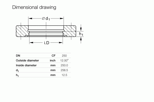 Dimensional drawing for a cylindrical object by Leybold North America's CF-Bore Flanges DN 250 CF (Fixed), with an outside diameter of 12 inches, inside diameter of 250 mm, ⌀d1 at 256.5 mm, and h1 at 12.5 mm. Cross-section features labeled diameters and height for corrosion resistance.