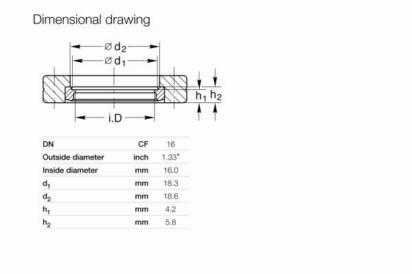 Dimensional drawing of a washer optimized for fluid and gas transmission systems with precise measurements: Outside diameter 1.33 inches, inside 16 mm, d1 18.3 mm, d2 18.6 mm, h1 4.2 mm, h2 5.8 mm—compatible with Leybold North America's CF-Bore Flanges DN 16 CF (Rotatable).