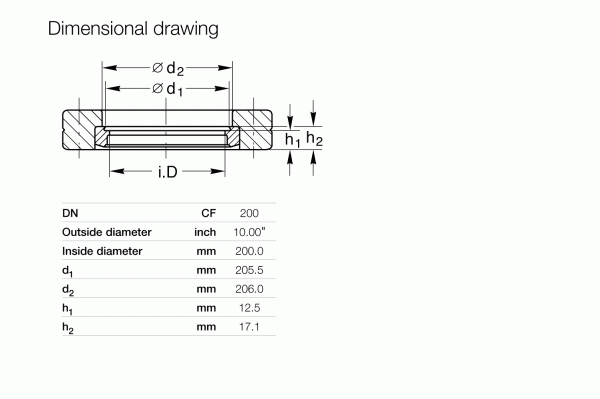 A dimensional drawing of the Leybold North America CF-Bore Flanges DN 200 CF (Rotatable) highlights precision machining, featuring an outer diameter of 10 inches (254 mm), inner diameter of 200 mm, \(d_1\): 205.5 mm, \(d_2\): 206 mm, and heights \(h_1\): 12.5 mm, \(h_2\): 17.1 mm.