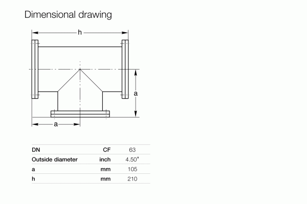 Technical drawing of Leybold North America’s CF-Tees DN 63 CF pipe fitting with labeled dimensions: outside diameter 63 mm (4.50 in), length “a” 105 mm, and length “h” 210 mm. Table below summarizes these measurements.