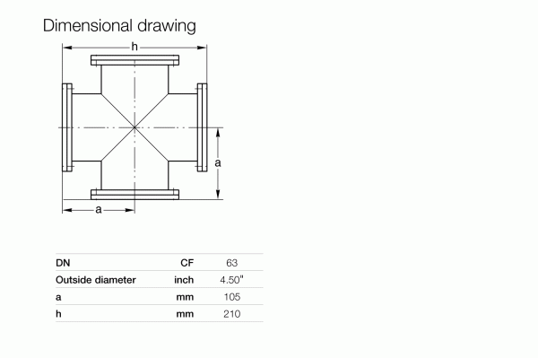 Dimensional drawing of Leybold North America CF-Crosses DN 63 CF four-way fitting with "a" (105 mm), "h" (210 mm); table lists outside diameter 4.50 in—highlighting reliable, versatile connections.