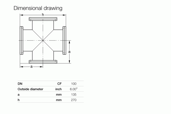 Technical drawing of Leybold North America CF-Crosses DN 100 CF pipe fitting with labeled dimensions 'a' (135 mm) and 'h' (270 mm). Table shows: DN 100 CF, Outside diameter 6.00". Designed for precise alignment.