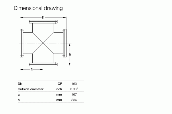 Technical drawing of the Leybold North America CF-Crosses DN 160 CF pipe fitting with labeled dimensions "a" (167 mm) and "h" (334 mm), plus a table showing Outside diameter: 8.00 in. Ergonomic design ensures easy installation.