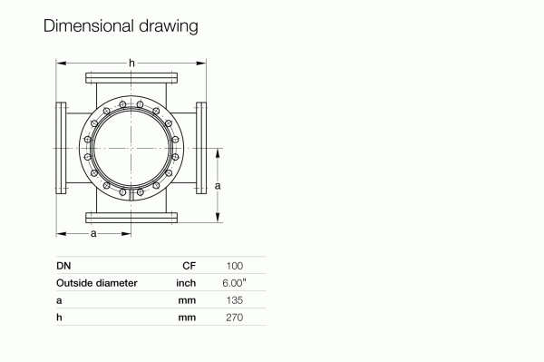 Line drawing of CF-Double Crosses DN 100 CF by Leybold North America, a circular flange with four arms labeled 'a' and 'h.' Table: CF 100 flange—outside diameter: 6.00", a = 135 mm, h = 270 mm.