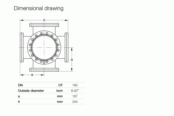 Technical drawing of the Leybold North America CF-Double Crosses DN 160 CF flanged pipe fitting with labeled dimensions: outside diameter 8.00 in, dimension "a" 167 mm, and dimension "h" 334 mm.