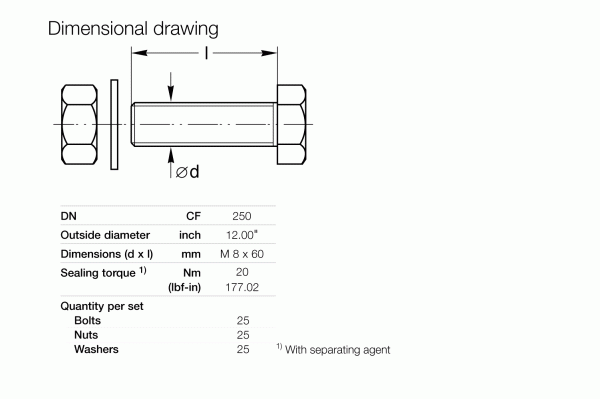 Technical dimensional drawing of Leybold North America Hexagon Bolts Sets for CF Flanges DN 160/250, with labeled diameter and length, plus a table showing DN (CF 250), outside diameter (12"), sealing torque, and quantities for secure connections.