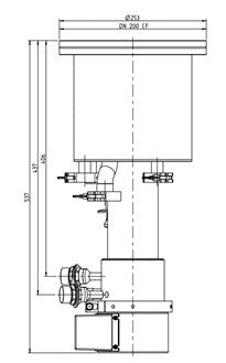 Technical engineering diagram of the COOLVAC 1500 iBL cylindrical component by Leybold North America, highlighting dimensions and annotations. The component includes connectors, valves, and fittings. The diagram features measurements indicating heights and distances in millimeters.