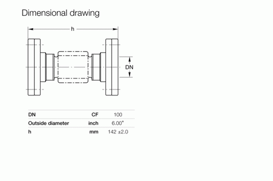 The "Dimensional Drawing" illustrates Leybold North America's CF-Bellows DN 100 CF (142 mm) for vacuum tech, showing a cylindrical object with labeled dimensions noting durable materials. It includes DN, CF details, an outside diameter of 6.00 inches, and h at 142 mm ±2.0.