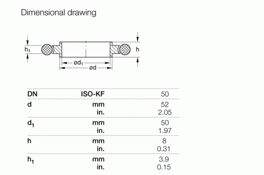 Dimensional drawing for Leybold North America Centering Rings DN 50 ISO-KF (Stainless steel) with crosshatch patterns, ideal for vacuum systems. Dimensions: DN 50, d 52 mm, \(d_1\) 50 mm, h 8 mm, \(h_1\) 3.9 mm; inches provided. Compatible with ISO-KF centering rings.