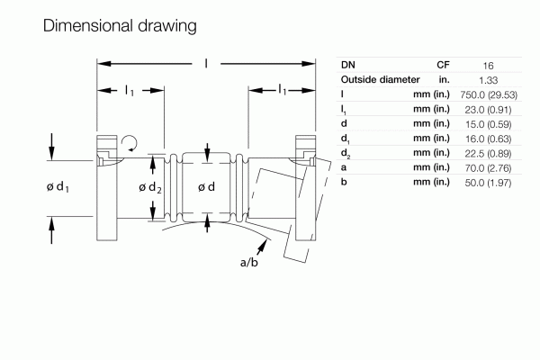Technical dimensional drawing of the Leybold North America CF-Vacuum Hoses (750 mm), showing labeled arrows for lengths, diameters, and angles, plus a table with dimensions in mm and inches for optimal performance.