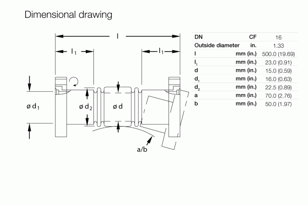 A detailed dimensional drawing of a CF-Vacuum Hose by Leybold North America, displaying labeled measurements in both millimeters and inches. The part features various length (l, l1) and diameter (d, d1, d2) specifications. The outside diameter is specified as 16 DN.