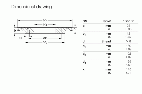 Technical dimensional drawing of Leybold North America Reducing Flanges DN 160/100 ISO-K, with labeled cross-section dimensions and a table of metric/inch flange sizes—ideal for laboratory and vacuum system applications.