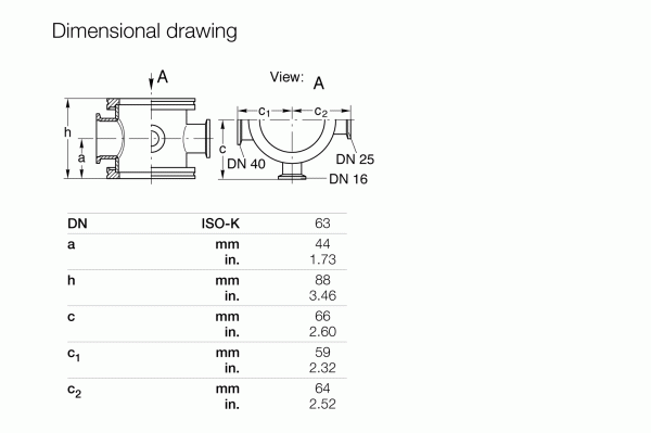 Dimensional drawing of Leybold North America Branching Pieces with Lateral DN 63 ISO-K - DN 16/25/40 ISO-KF, showing labeled measurements (a, h, c, c1, c2) in mm/inches for DN 16, 25 & 40. Includes a table listing these values.