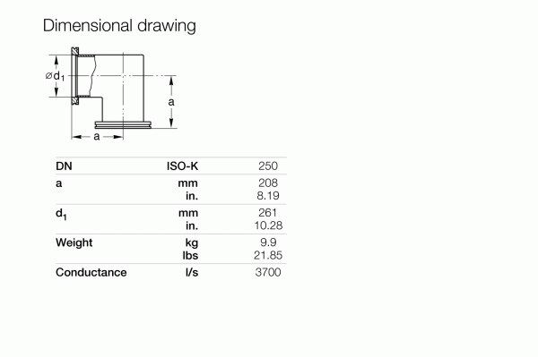 Technical drawing of the Leybold North America Pipe Bend 90° DN 250 ISO-K with labeled “a” and “d₁” dimensions. Includes an ISO-K specs table listing measurements, weight (kg/lbs), and conductance (L/s) for efficient fluid transport.