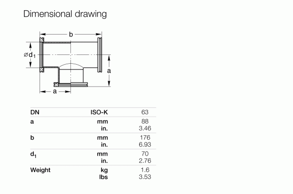 Technical dimensional drawing of a Leybold North America ISO-K Tees DN 63 fitting with labeled sections a (88 mm), b (176 mm), d1 (70 mm); weight is 1.6 kg. Table provides values in mm/inches for easy reference.