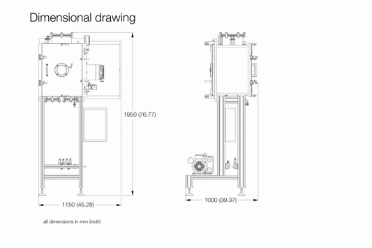 Dimensional drawing of the Glove Box System UNIVEX 450 G by Leybold North America with front and side views, showing measurements in millimeters and inches. The machine height is 1950 mm (76.77 inches), width is 1150 mm (45.28 inches), and depth is 1000 mm (39.37 inches).