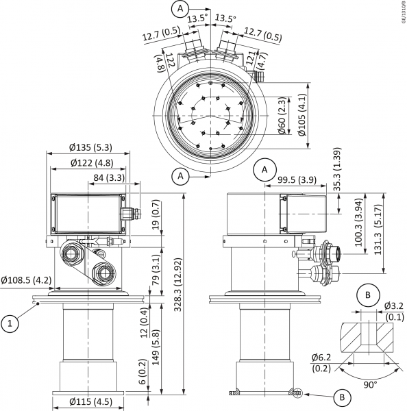 The technical drawing of the COOLPOWER 140i mechanical component by Leybold North America features multiple views including top, front, and side. Dimensions and measurements are marked in both millimeters and inches, showcasing detailed specifications such as diameters, angles, and connector placements.