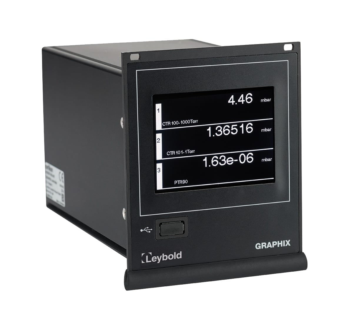 The Graphix Three Universal digital vacuum gauge by Leybold North America Shop features a sleek black finish, displaying pressure in mbar. Ideal for vacuum applications, it showcases "Leybold" and "GRAPHIX" on the front panel, with a handy USB port below the display.