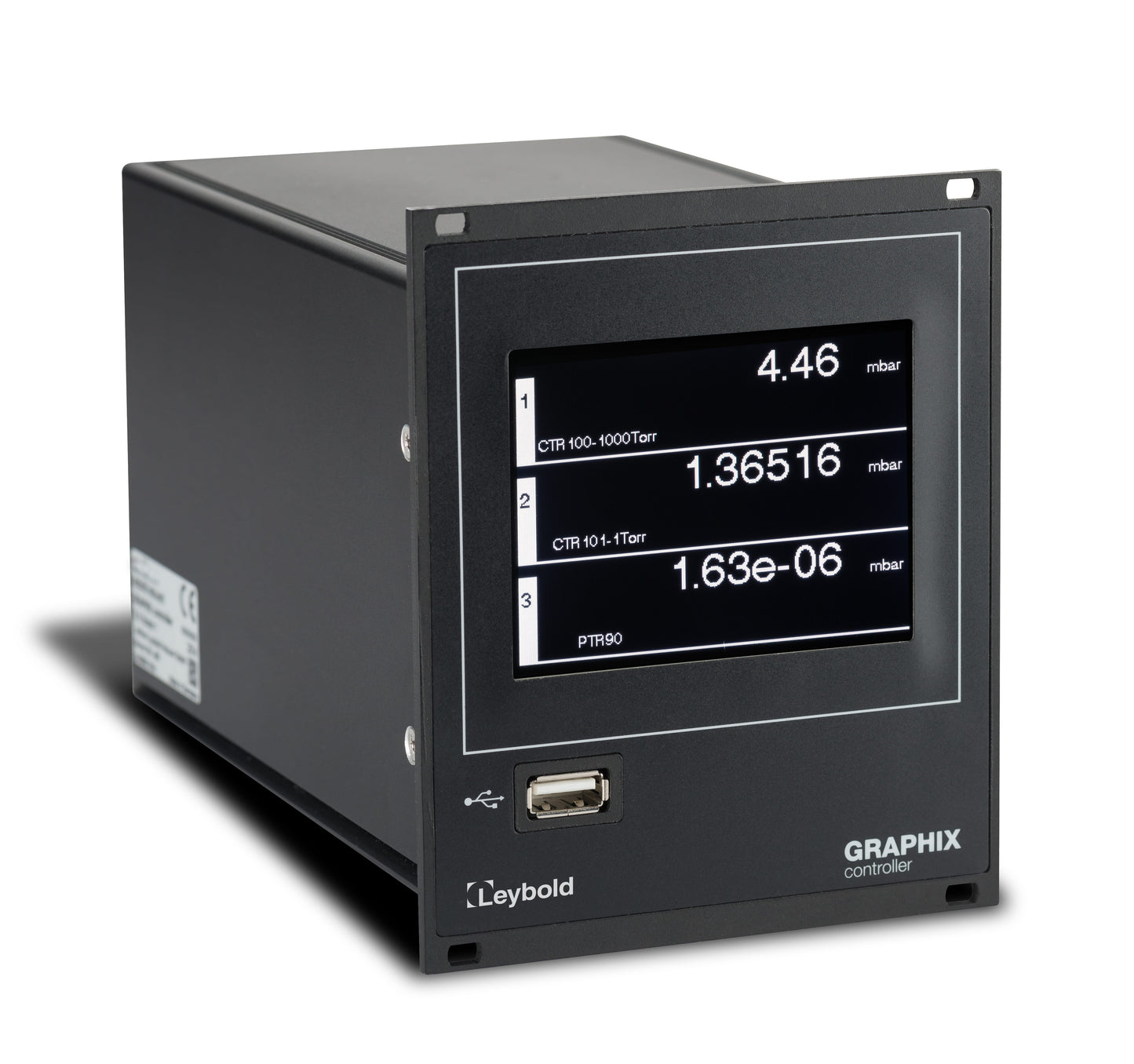 A black rectangular device labeled "Graphix One" from Leybold North America Shop serves as the GRAPHIX controller, featuring a digital display with pressure readings in mbar and Torr, an integrated USB port, and advanced sensors for precise measurements.
