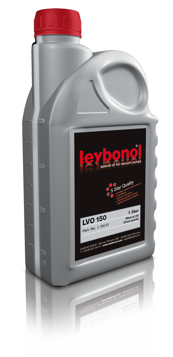 A silver plastic container of Leybold LEYBONOL LVO 150 special oil for vacuum pumps with a red cap. The label reads "Leybonol LVO 150, 1 liter, Part-No. L 150 01" and indicates it has 5-star quality. The reflection of the container is visible below it.