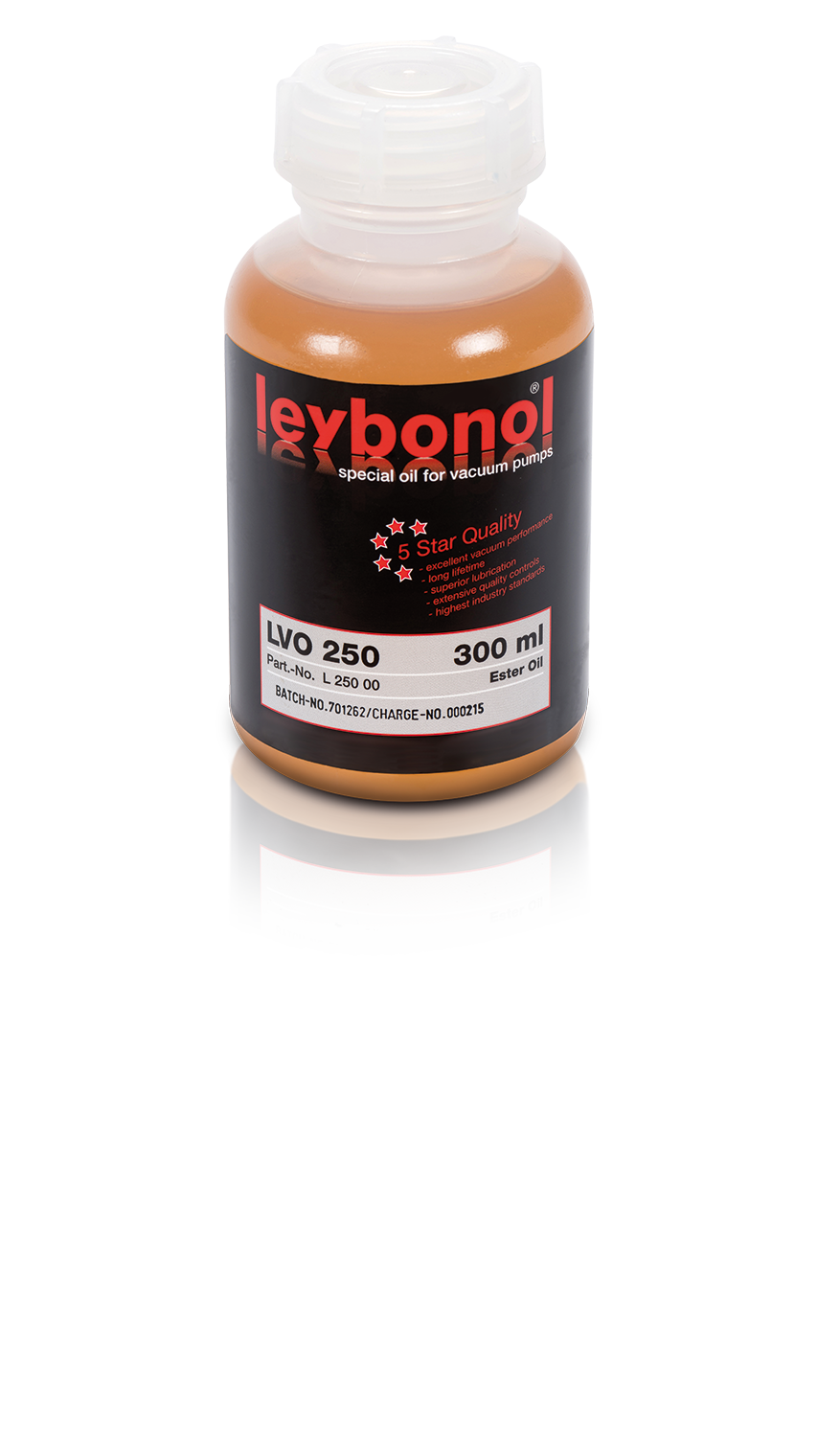 A 300 ml bottle of LEYBONOL LVO 250, Ester Oil from Leybold, designed for vacuum pumps. The bottle has a beige cap and a black label with red and white text detailing product specifications and quality ratings. The bottle is reflected on a glossy surface.