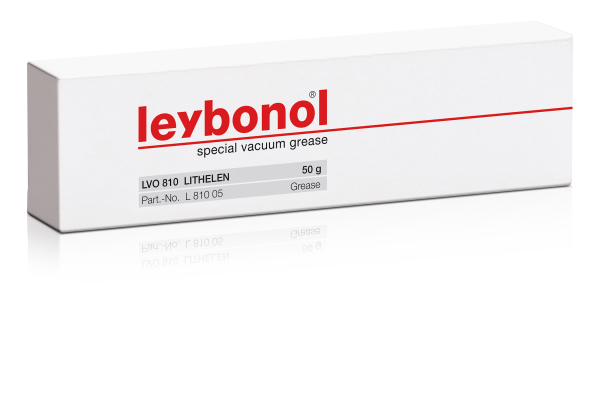 The image shows a white rectangular box of Leybold North America special vacuum grease. The label on the box indicates that it is LEYBONOL LVO 810 (LITHELEN), 50g, with the part number L 810 05.
