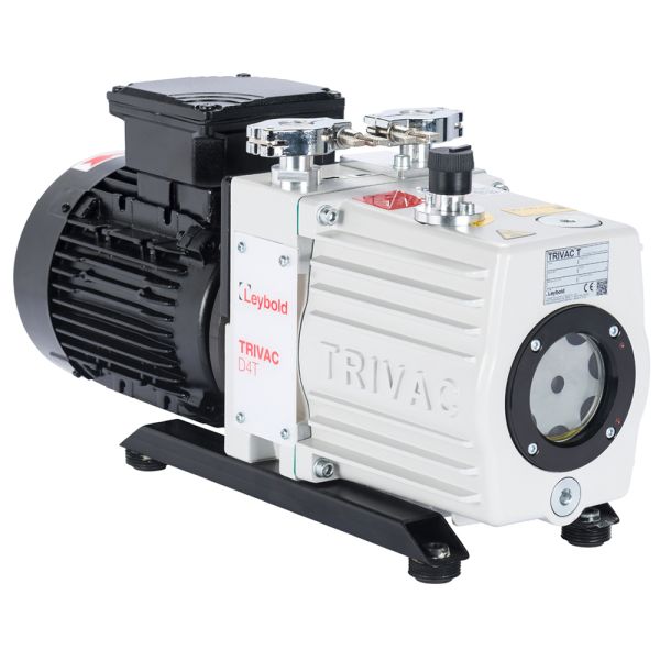 A Leybold TRIVAC D 4 T vacuum pump with a white and black exterior. The unit includes a large black motor and a white pump body with visible gauges and ports. The pump model is labeled on the side. It has a sturdy base with mounting brackets.