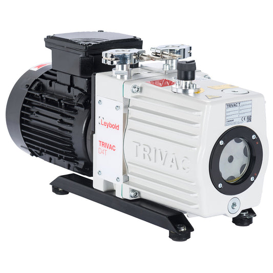 The image shows a Leybold North America TRIVAC D 4 T 31236TE25 rotary vane vacuum pump. It features a black motor on the left side and a white pump module on the right, labeled "TRIVAC." The unit sits on a black base with visible connection points and control knobs on the top.