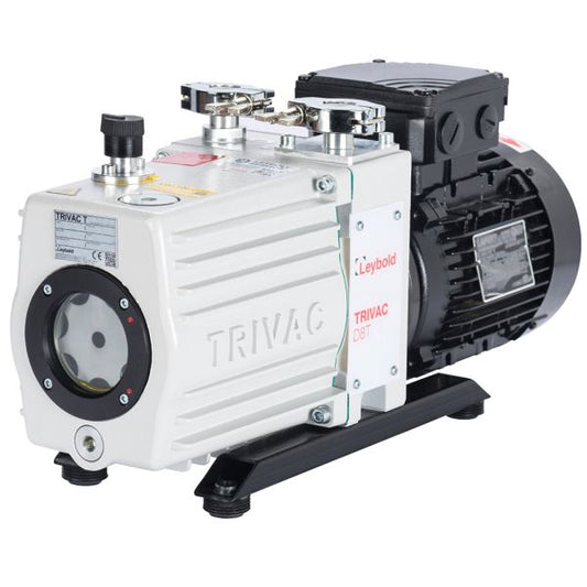 The image shows a Leybold TRIVAC D 8 T rotary vane vacuum pump on a black base. The pump has a metal body with various valves, gauges, and connectors. The Leybold brand name and TRIVAC model are visible on the side. The electric motor is attached to the back.