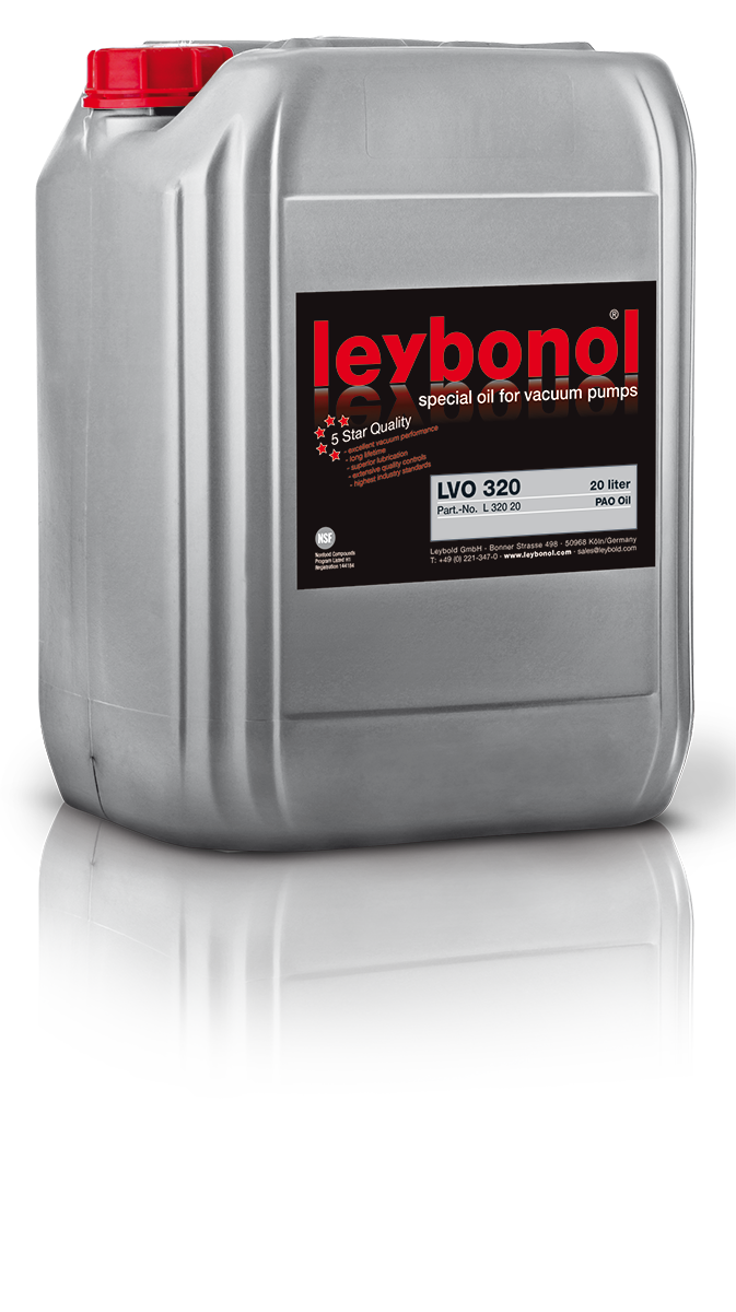 A large, silver container of LEYBONOL LVO 320 special oil for vacuum pumps from Leybold. The container has a black label with red text and symbols indicating it is a 20-liter capacity with 5-star quality. A red cap is situated on top of the container.