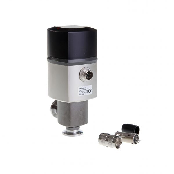 The MOVE 1250 Electrical Control Valve by Leybold North America features a gray and black actuator for precise flow regulation. It includes a cylindrical metal body with connectors and caps, all presented on a white background.