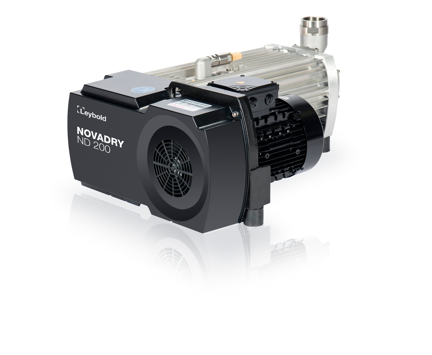A close-up of a Leybold NOVADRY ND 200 vacuum pump. The device is metallic with a combination of black and silver parts, featuring a fan and various connectors. The Leybold branding and NOVADRY ND 200 are clearly visible on the unit.
