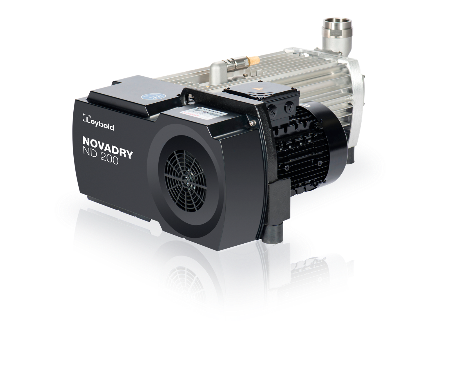 A close-up of a Leybold NOVADRY ND 200 vacuum pump. The device is metallic with a combination of black and silver parts, featuring a fan and various connectors. The Leybold branding and NOVADRY ND 200 are clearly visible on the unit.