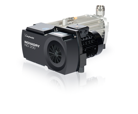 A close-up of a Leybold NOVADRY ND 200 vacuum pump. The device is metallic with a combination of black and silver parts, featuring a fan and various connectors. The Leybold branding and NOVADRY ND 200 are clearly visible on the unit.