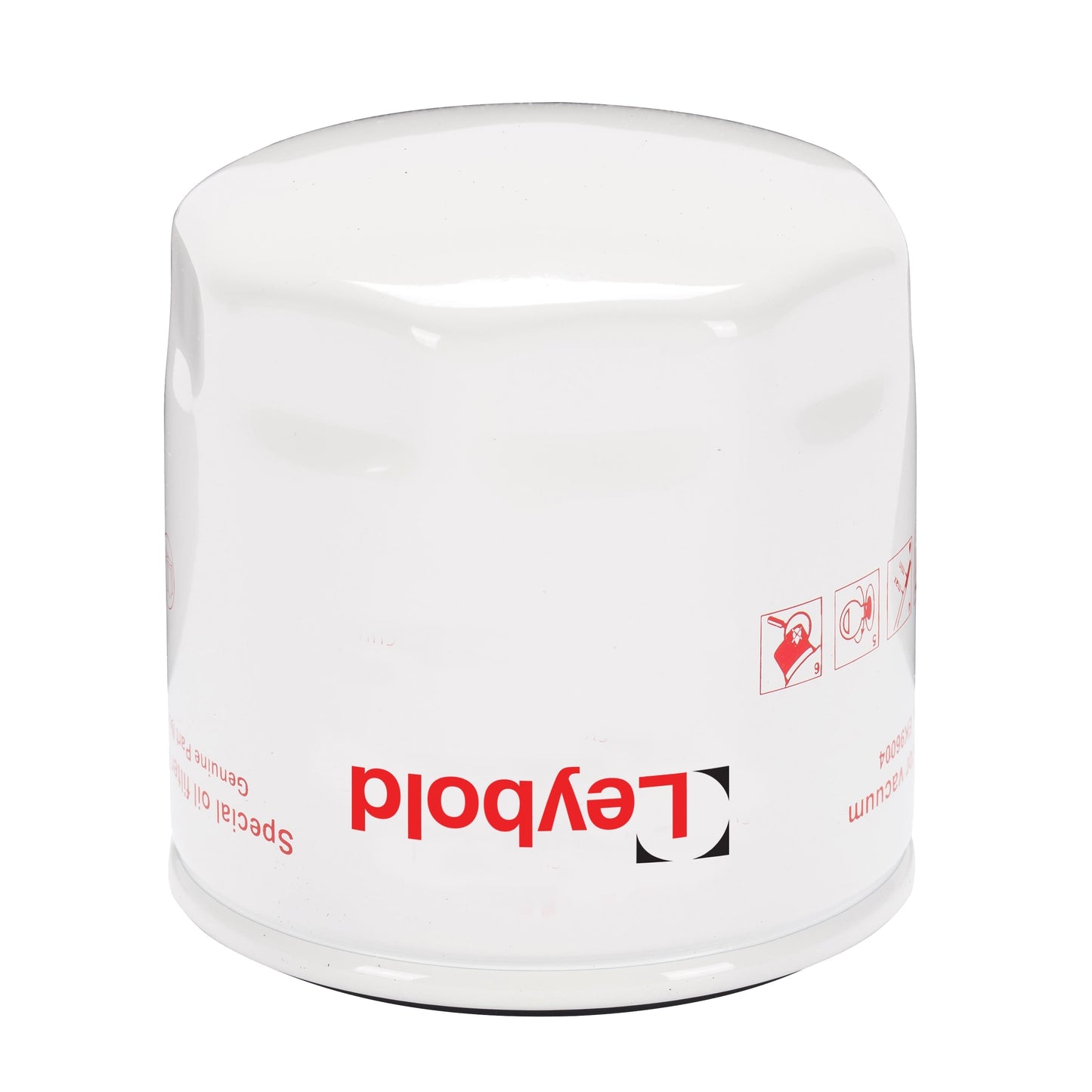 A sleek and cylindrical white oil filter, branded with the red text "Leybold North America Shop," is specifically designed for SOGEVAC SV 40 B, SV 45 FP, SV 65 B, SV 70 FP, and SV NEO D vacuum pump systems. Its smooth surface is enhanced with small icons and additional text on a plain white background.