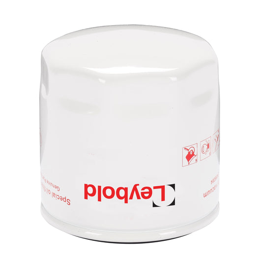 A sleek and cylindrical white oil filter, branded with the red text "Leybold North America Shop," is specifically designed for SOGEVAC SV 40 B, SV 45 FP, SV 65 B, SV 70 FP, and SV NEO D vacuum pump systems. Its smooth surface is enhanced with small icons and additional text on a plain white background.