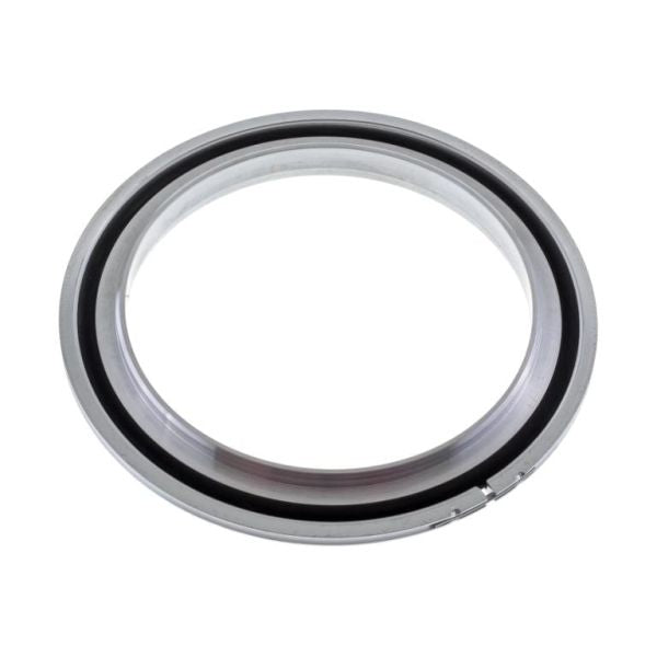 The Leybold North America Centering Ring Adaptor DN 100 ISO-K / 100 LF is a circular metal bearing ring with a thin black inner seal and a small side gap, typically used with KF flanges, shown against a white background.
