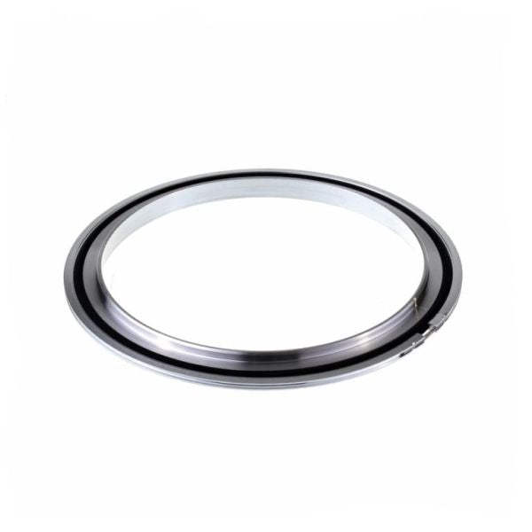 A Leybold North America Centering Ring Adaptor DN 160 ISO-K / 150 LF, featuring a metallic circular design with a black inner edge for industrial vacuum connections, is displayed on a white background.