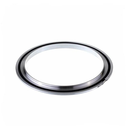 A close-up of the Leybold North America Centering Ring Adaptor DN 250 ISO-K / 250 LF, featuring a metal circular design with a black inner edge, used for secure vacuum connections, shown against a plain white background.