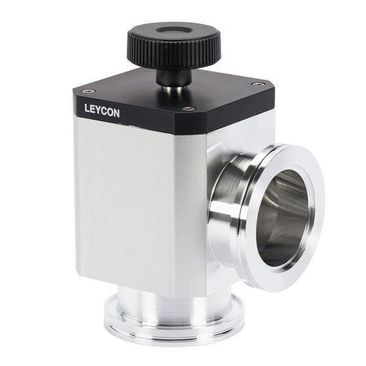 The Leybold North America ISO-K Right Angle Valve is a manually operated, metallic valve with a cylindrical body, two flanged ports, and a black rotary knob for use in vacuum and gas applications within industrial systems.
