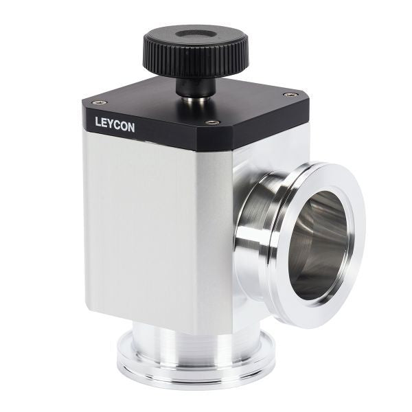 A Leybold North America ISO-K Right Angle Valve, Manually Operated, features a metal rectangular body with a black top knob and two round stainless steel ports for precise vacuum system flow control.